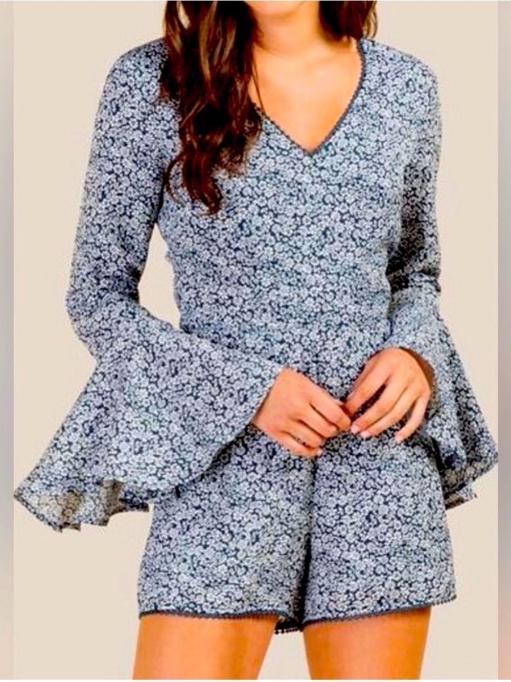 Blue Rain Light Blue Floral V-Neck Romper with Bell Sleeves